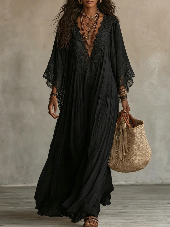 Boho Lace V-Neck Batwing Sleeve Maxi Dress