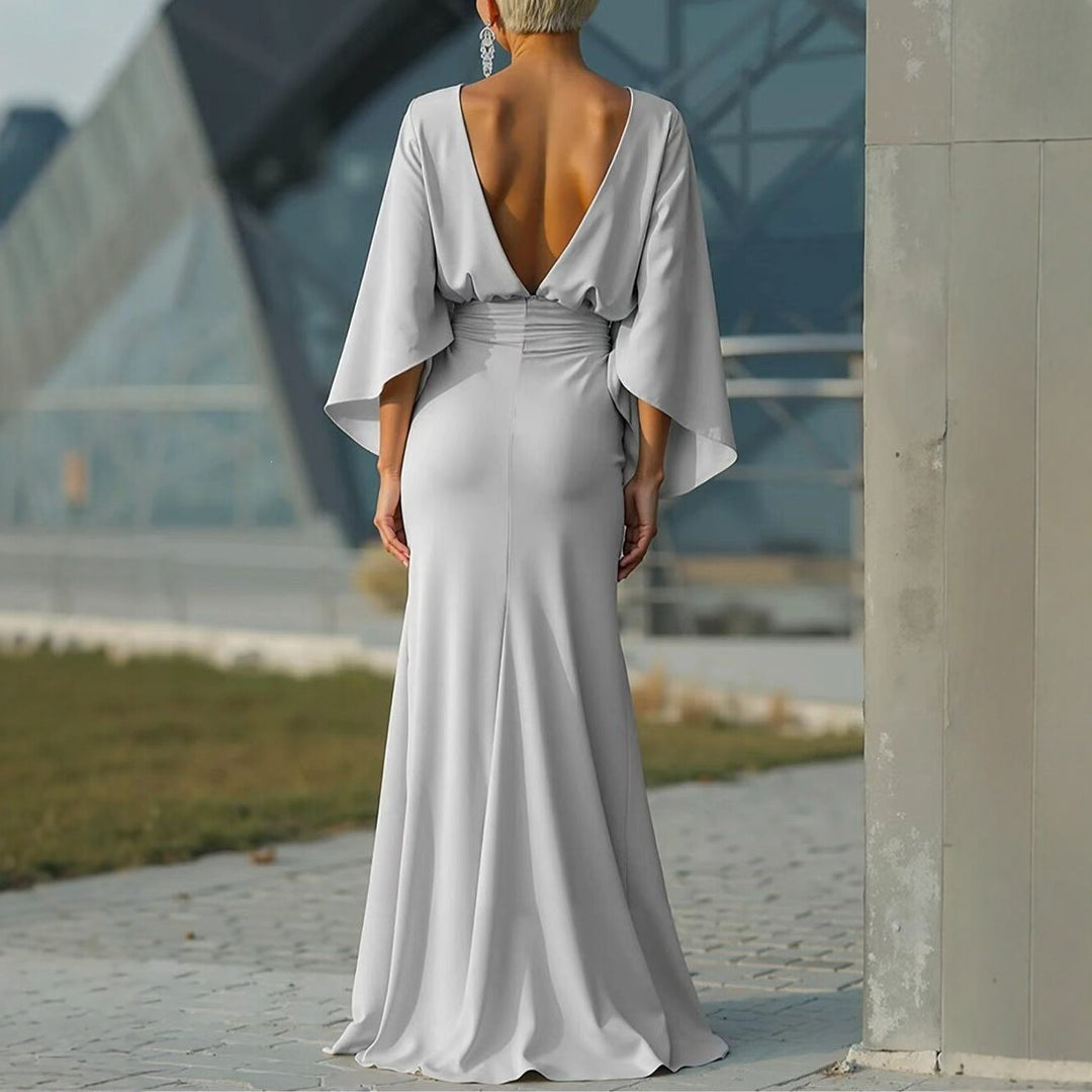 Elegant Backless Ruched Waist Draped Sleeve Maxi Dress