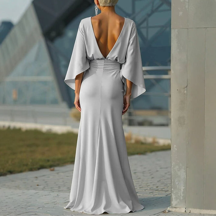 Elegant Backless Ruched Waist Draped Sleeve Maxi Dress
