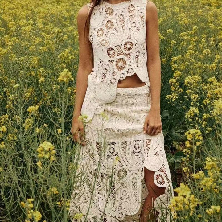 Asymmetrical Crochet Top &amp; Maxi Skirt Two-Piece Set