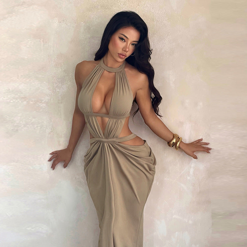 Sexy Halter Cutout Draped Maxi Dress