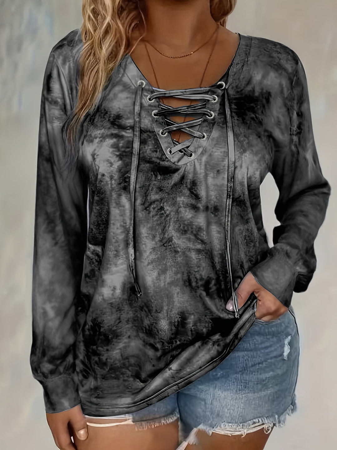 Tie-Dye Lace-Up V-Neck Long Sleeve Casual Top