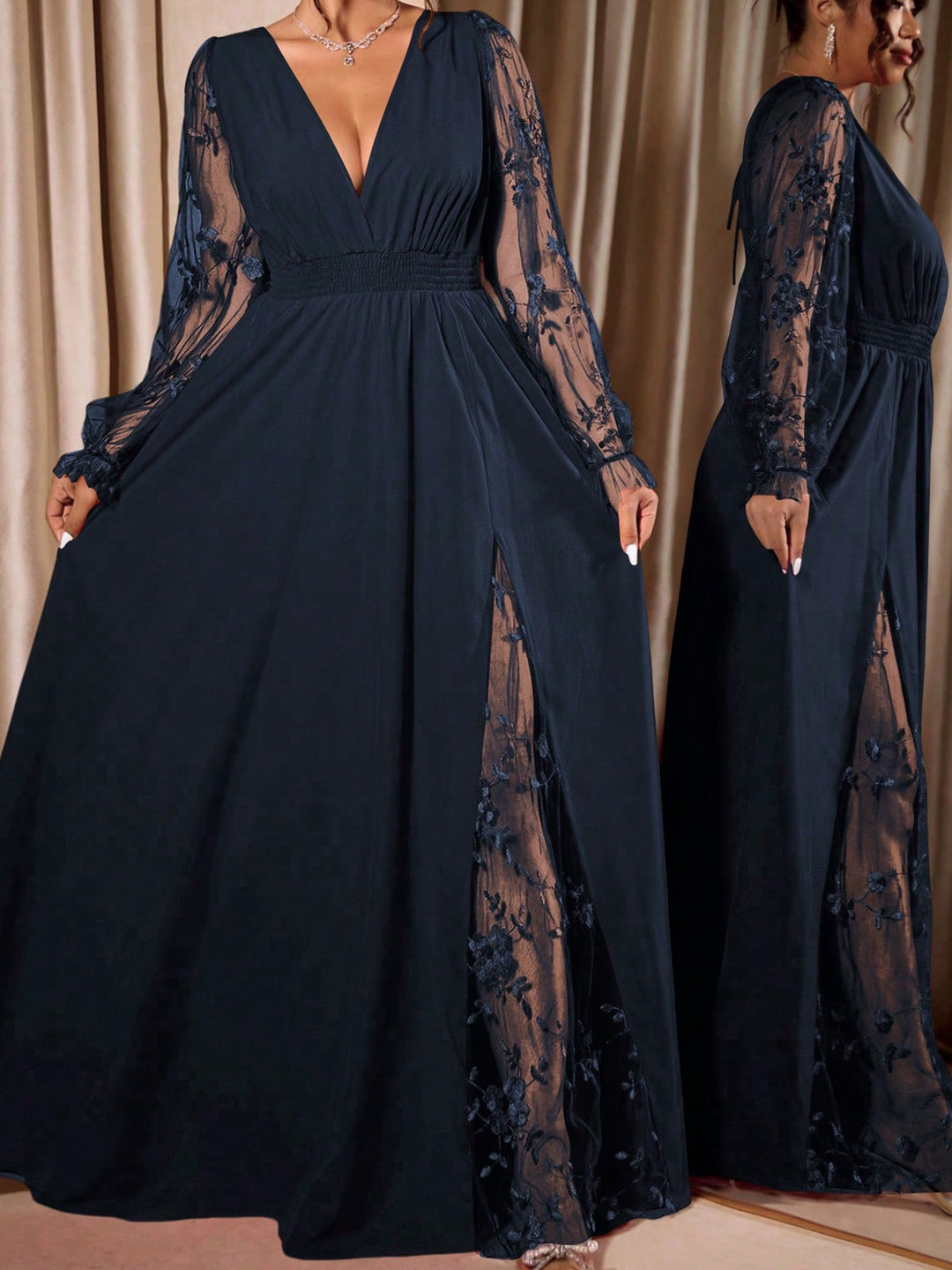 Elegant Deep V-Neck Lace Panel Long Sleeve Evening Maxi Dress