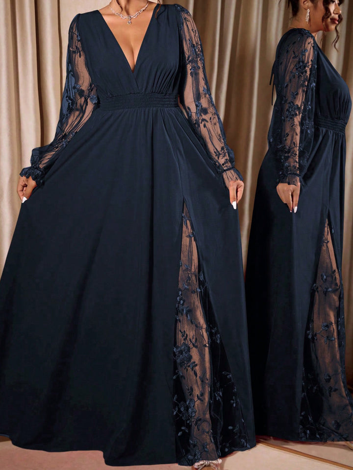 Elegant Deep V-Neck Lace Panel Long Sleeve Evening Maxi Dress