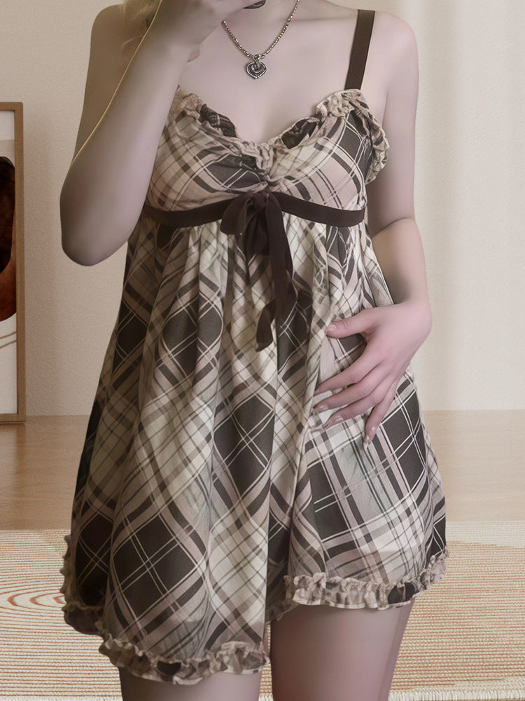Vintage Plaid Bow-Tie Ruffle Cami Mini Dress