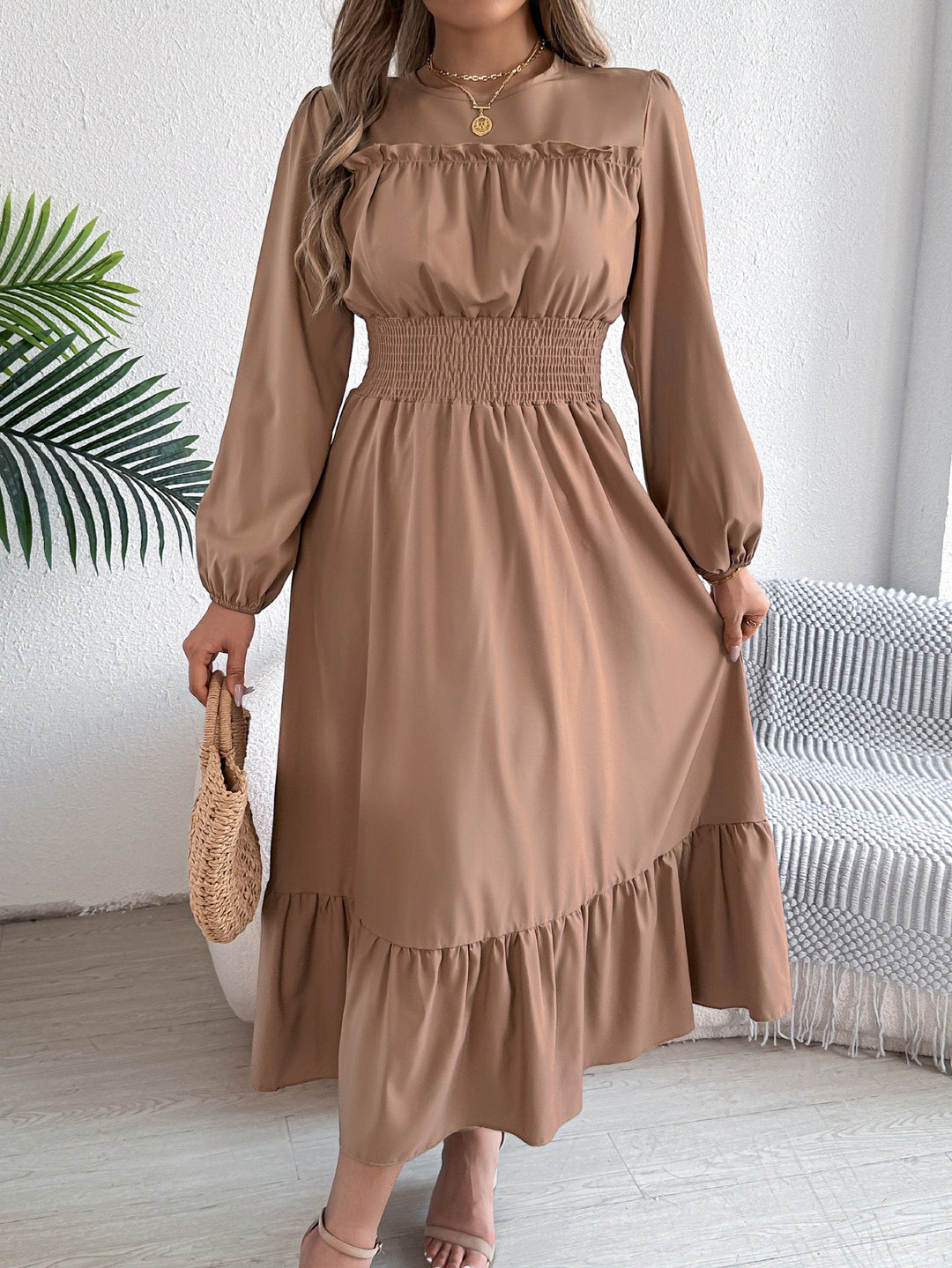 Elegant Smocked Waist Ruffle Hem Long Sleeve Midi Dress