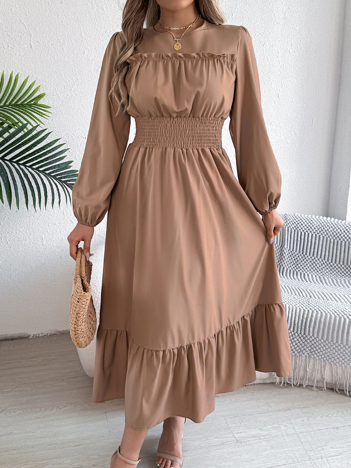 Elegant Smocked Waist Ruffle Hem Long Sleeve Midi Dress