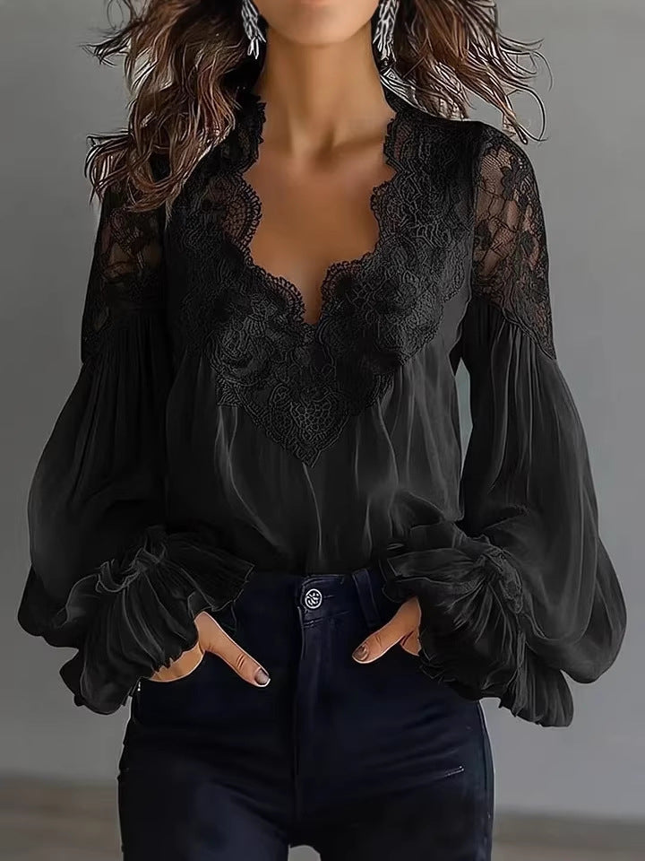 Women’s Lace-Trim Puff Sleeve Pleated Blouse