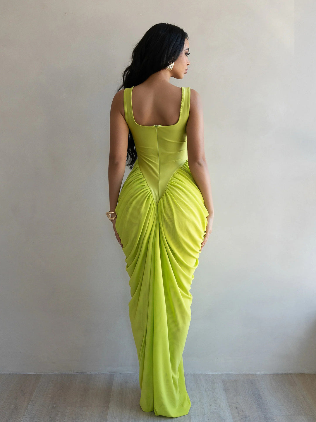 Elegant V-Waist Draped Ruched Chiffon Maxi Dress