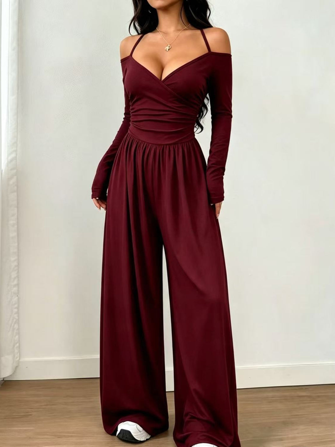 Women’s Off-Shoulder Ruched Wide-Leg Jumpsuit