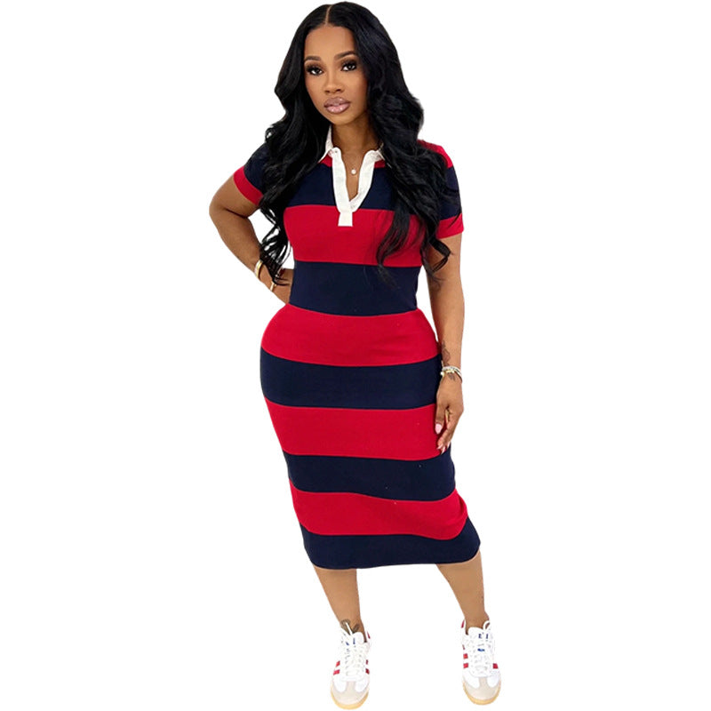 Women’s Color Block Polo Midi Dress – Slim Fit Split Casual Dress