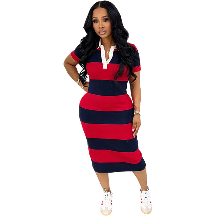 Women’s Color Block Polo Midi Dress – Slim Fit Split Casual Dress