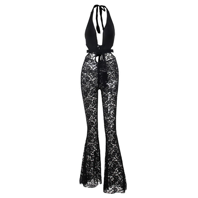 Halter Deep V Cutout Lace Jumpsuit