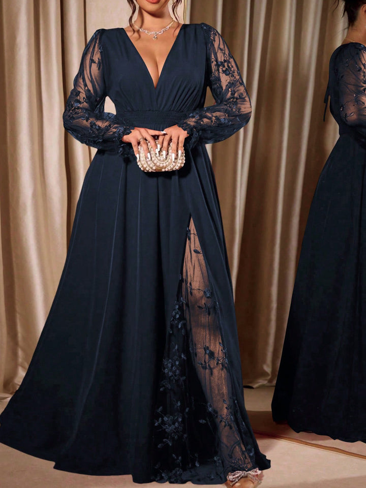 Elegant Deep V-Neck Lace Panel Long Sleeve Evening Maxi Dress