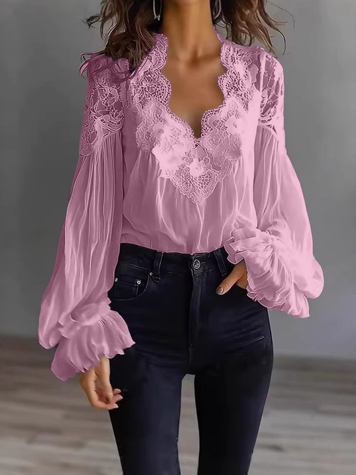 Women’s Lace-Trim Puff Sleeve Pleated Blouse