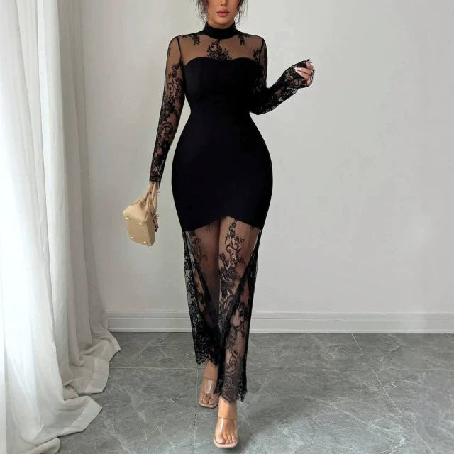 Elegant Sheer Lace Mock Neck Bodycon Maxi Dress