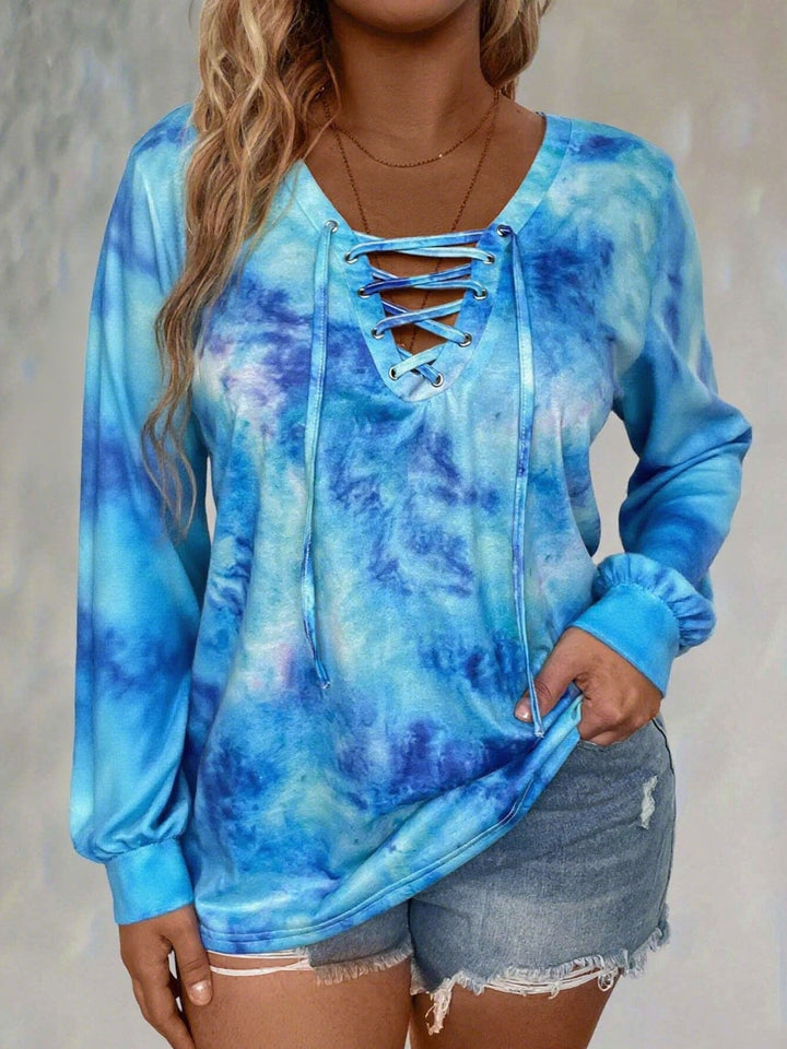 Tie-Dye Lace-Up V-Neck Long Sleeve Casual Top