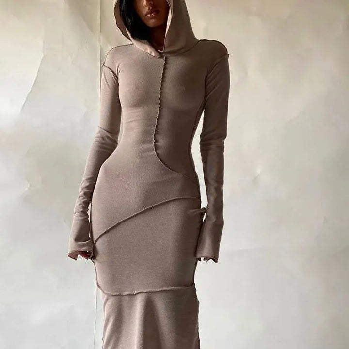 Women’s Contrast Seam Hooded Bodycon Maxi Dress