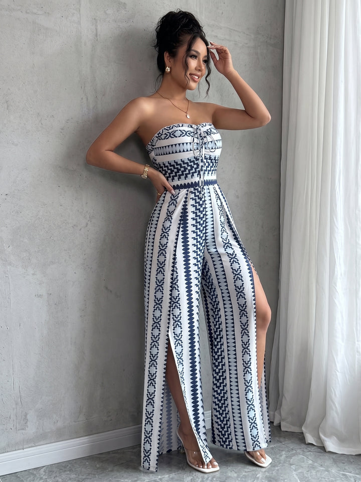 Strapless Geometric Print Tie-Waist Slit Wide-Leg Jumpsuit