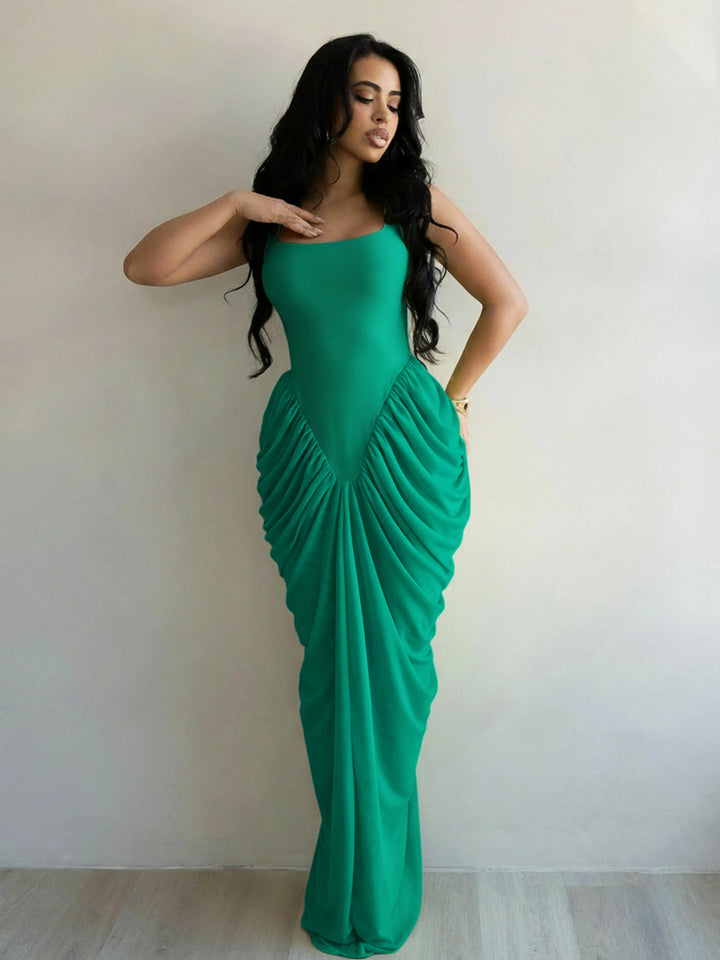 Elegant V-Waist Draped Ruched Chiffon Maxi Dress