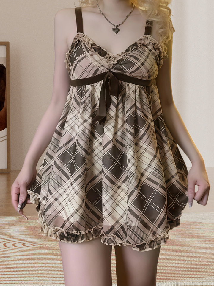 Vintage Plaid Bow-Tie Ruffle Cami Mini Dress