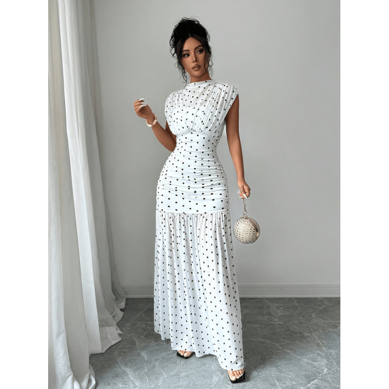 Elegant Polka Dot Ruched Waist Sleeveless Maxi Dress