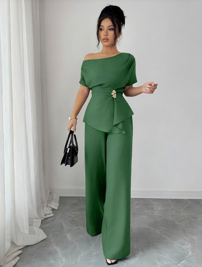 Elegant One-Shoulder Metal Accent Top &amp; Wide-Leg Pants Set