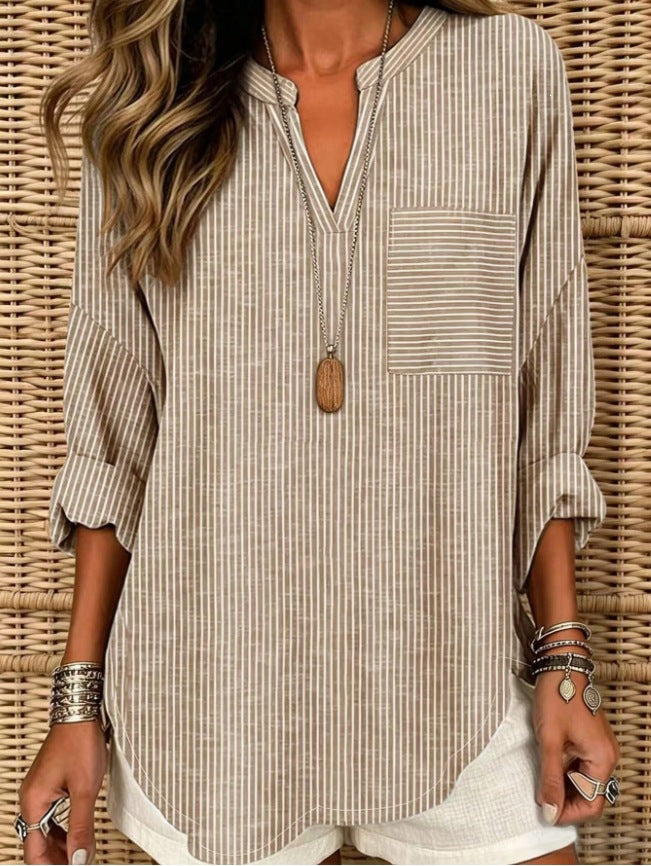 Women’s Striped V-Neck Relaxed Pocket Tunic Shirt