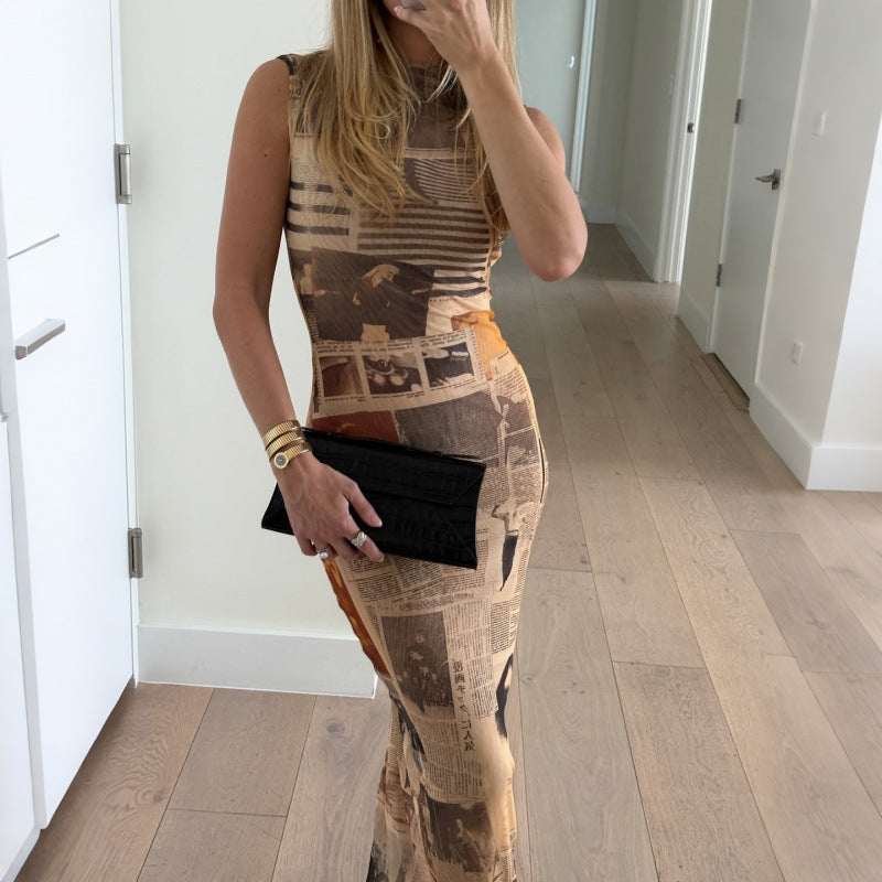 Vintage Newspaper Print Bodycon Maxi Dress