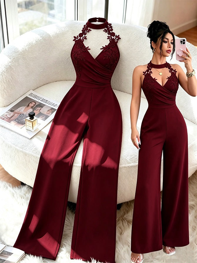 Elegant Lace Halter Deep V Wide-Leg Jumpsuit