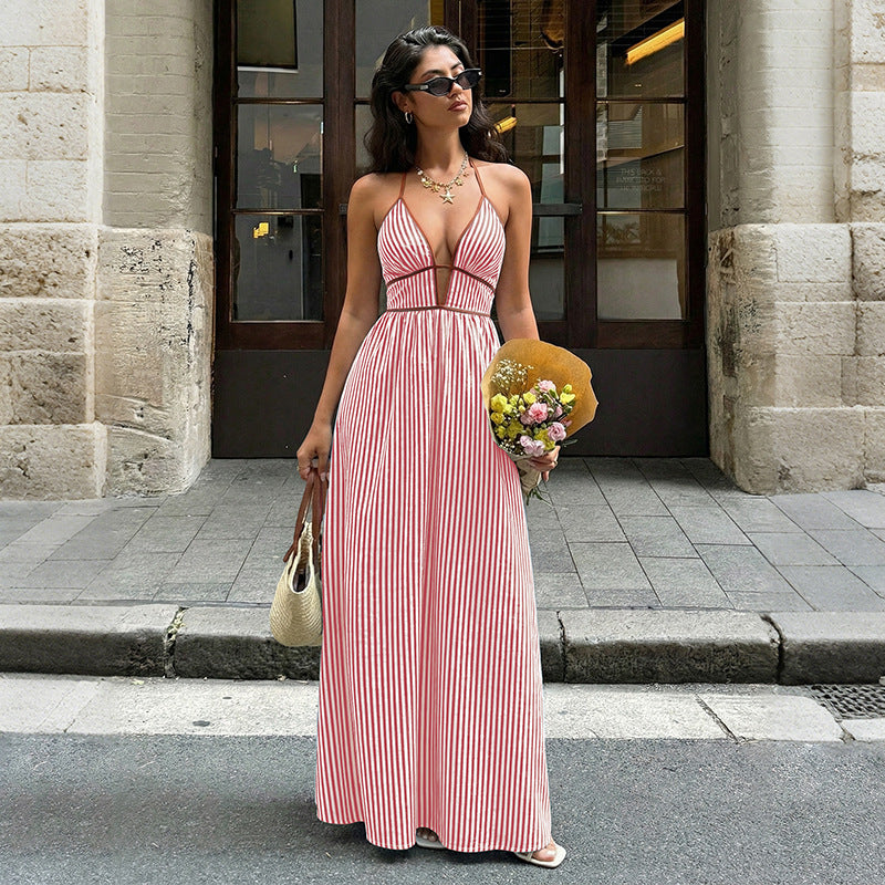 Striped Deep V-Neck Halter Backless Maxi Dress