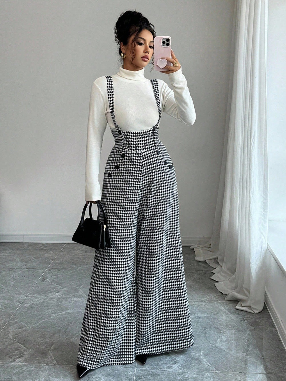 Women’s Houndstooth High-Waisted Wide-Leg Suspender Jumpsuit
