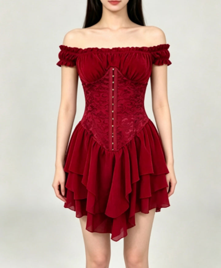Off-Shoulder Ruffle Tiered Chiffon A-Line Mini Dress