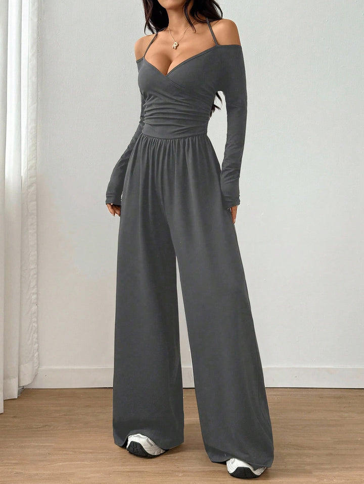 Women’s Off-Shoulder Ruched Wide-Leg Jumpsuit