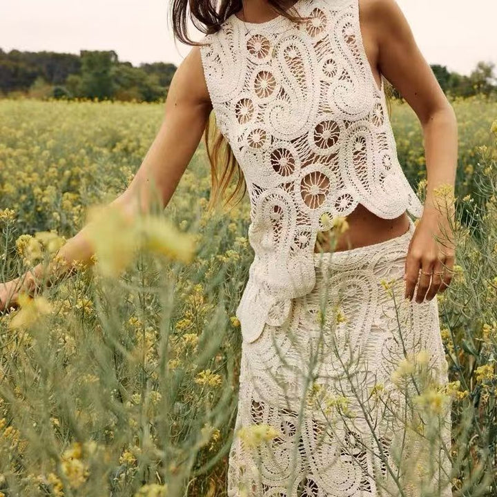 Asymmetrical Crochet Top &amp; Maxi Skirt Two-Piece Set