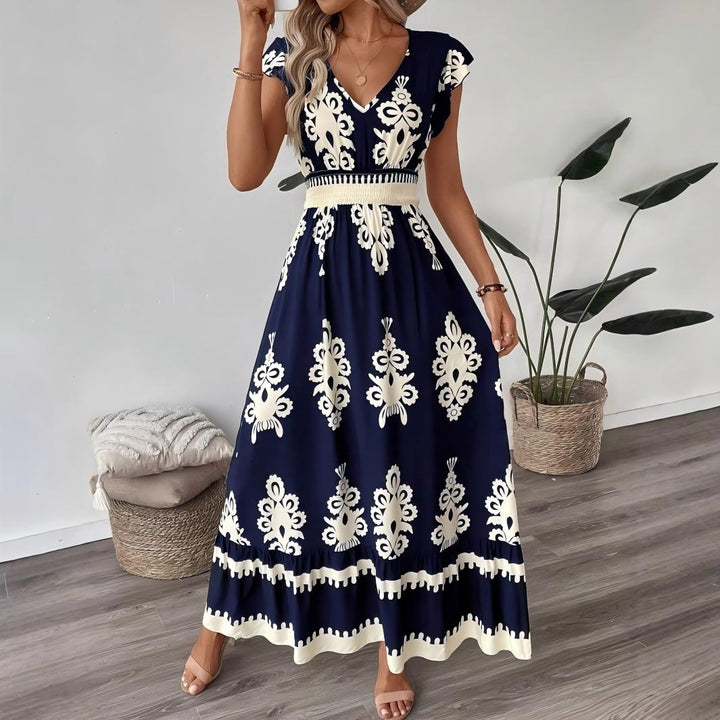 Boho Printed V-Neck Flutter Sleeve Flowy Maxi Dress