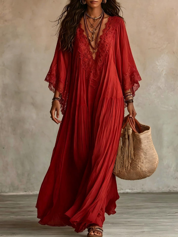 Boho Lace V-Neck Batwing Sleeve Maxi Dress