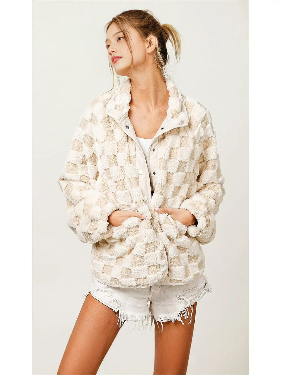 Cozy Checkered Plush Pocket Jacket