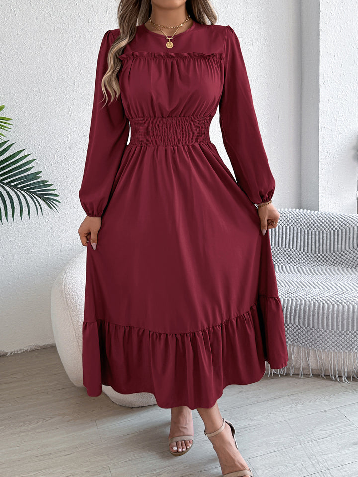 Elegant Smocked Waist Ruffle Hem Long Sleeve Midi Dress