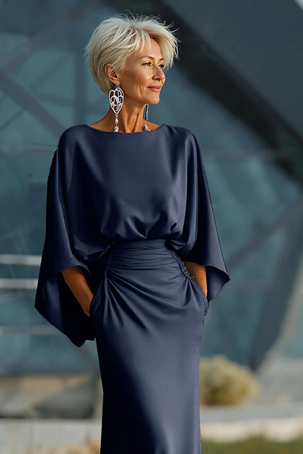 Elegant Backless Ruched Waist Draped Sleeve Maxi Dress