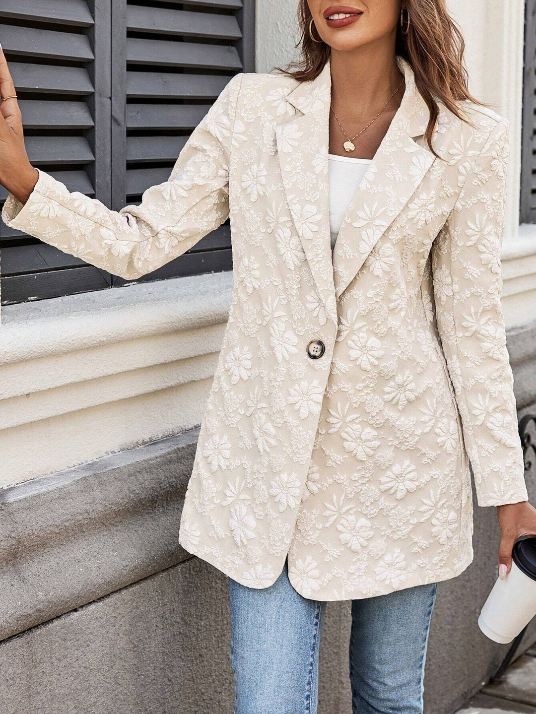 Women’s Floral Jacquard Single-Button Tailored Blazer
