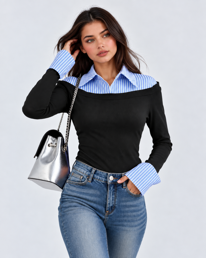 Women’s Striped Collar Contrast Layered Slim-Fit Long Sleeve Top