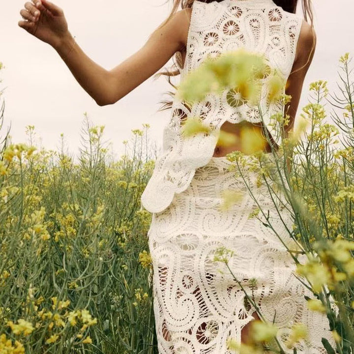 Asymmetrical Crochet Top &amp; Maxi Skirt Two-Piece Set