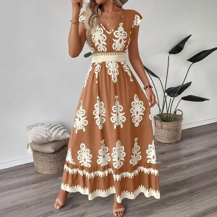 Boho Printed V-Neck Flutter Sleeve Flowy Maxi Dress
