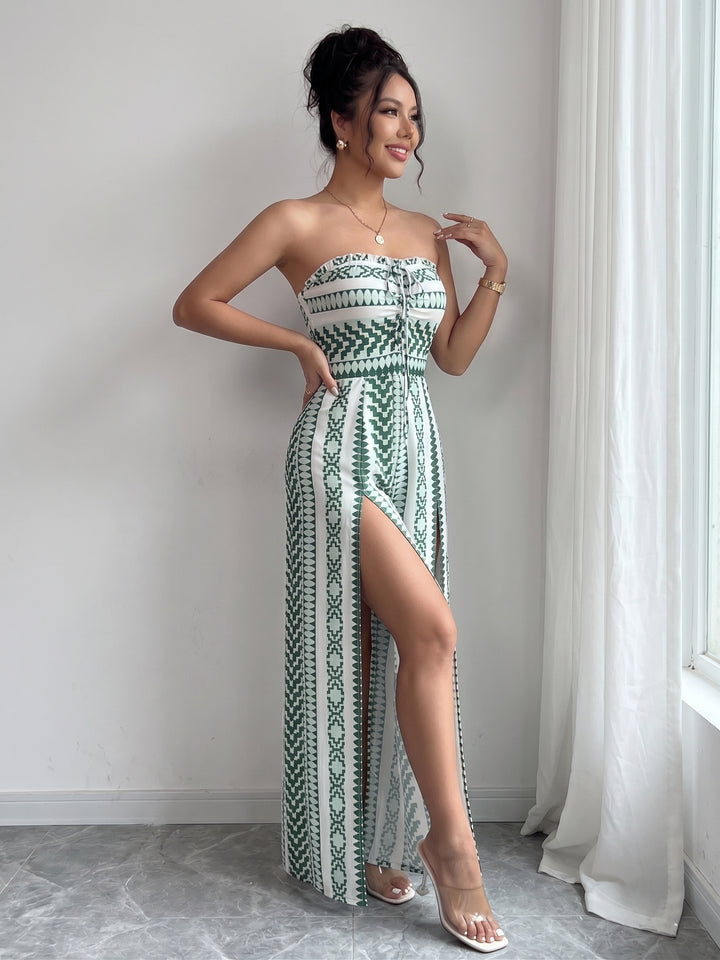 Strapless Geometric Print Tie-Waist Slit Wide-Leg Jumpsuit