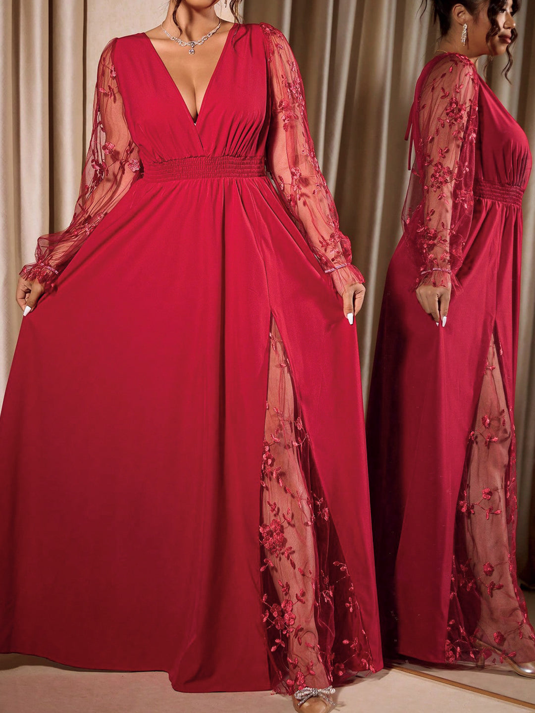 Elegant Deep V-Neck Lace Panel Long Sleeve Evening Maxi Dress