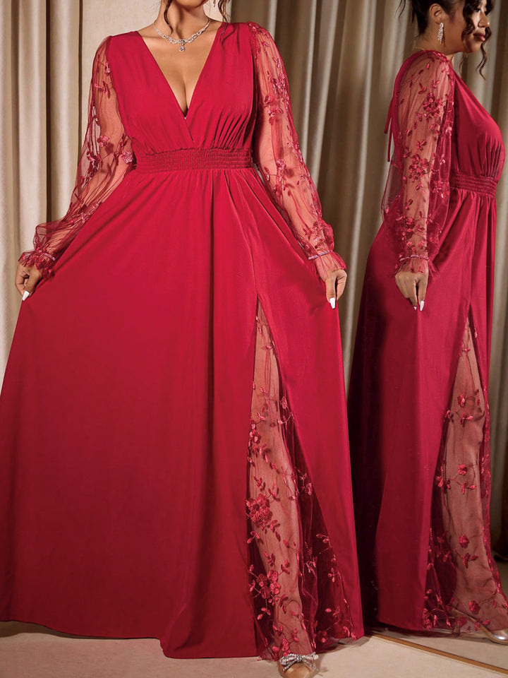 Elegant Deep V-Neck Lace Panel Long Sleeve Evening Maxi Dress