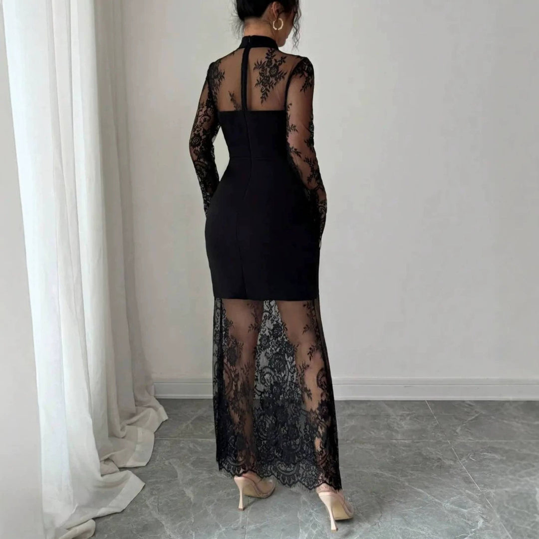 Elegant Sheer Lace Mock Neck Bodycon Maxi Dress