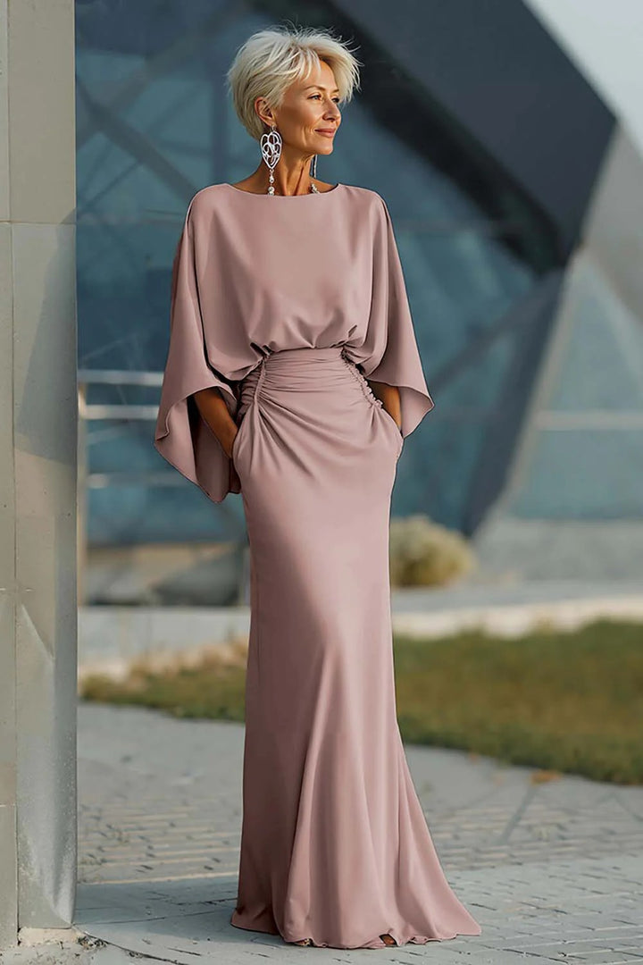 Elegant Backless Ruched Waist Draped Sleeve Maxi Dress