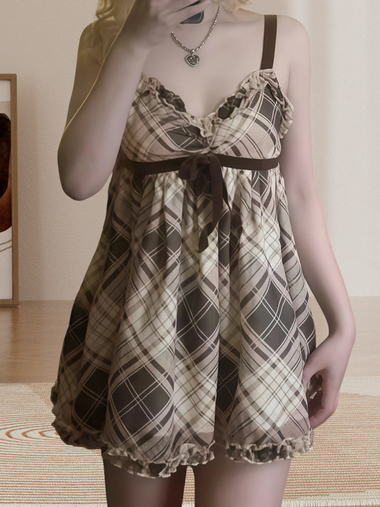 Vintage Plaid Bow-Tie Ruffle Cami Mini Dress